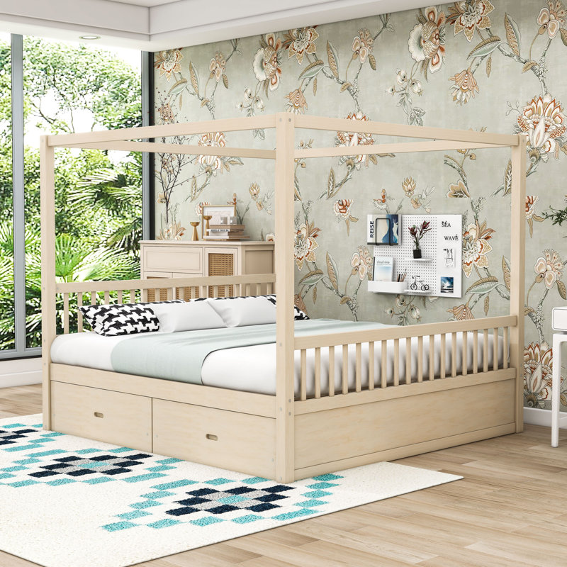 Two Drawers Wooden Canopy Bed with Slats, Natual, King