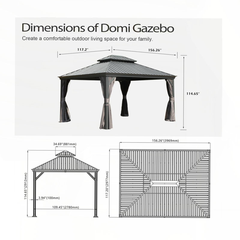 Pavillon de jardin extérieur 10 x 13 pi avec double toit en acier galvanisé, système de drainage efficace, filet et rideaux inclus pour un confort toute l'année