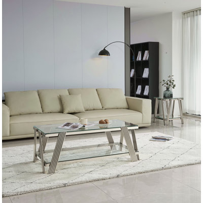 Ensemble de tables basses modernes en acier inoxydable (ensemble de 2), plateau de table en verre trempé transparent double couche, table basse et table d'appoint 2 pièces pour le bureau à domicile