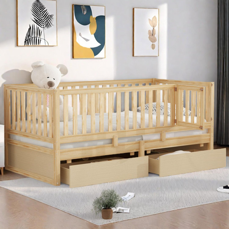Twin Size Wood Daybed with Fence Guardrails and Drawers, Natural