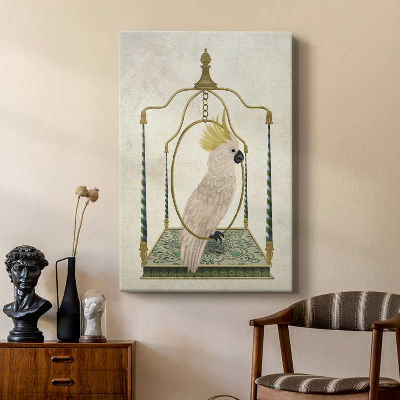 Cacatoès blanc sur balançoire - galerie Cavas sur mesure, H 27 po x l 18 po