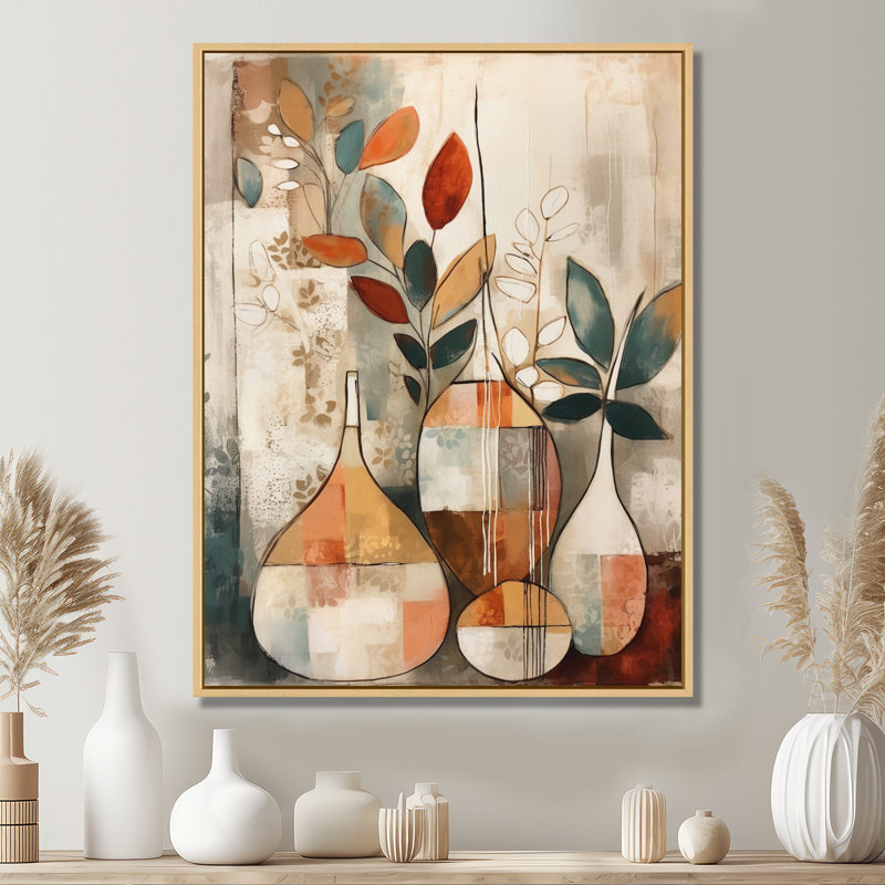 Ruhani vert et beige canalisant les vibrations bohémiennes sur toile, H 32 po x l 24 po, Cadre flottant érable