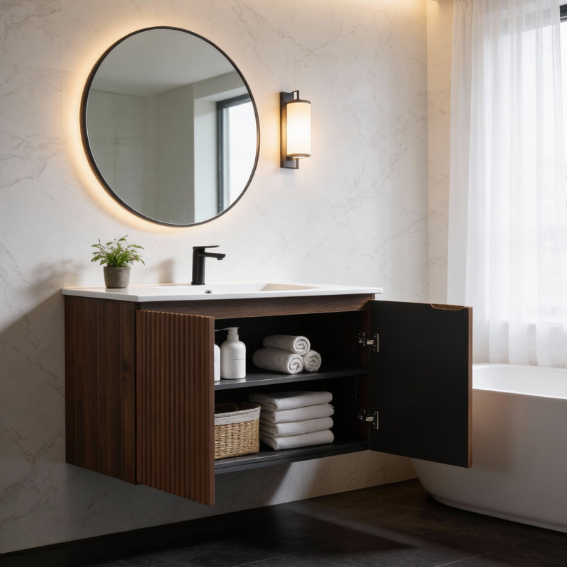 Meubles-lavabos modernes en MDF en noyer à installation rapide (doivent inclure le meuble et le lavabo)
