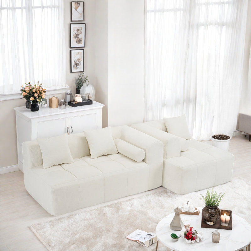 Full-compressed Sofa Modular Sofa Couch With Deep Seating, Two Side Pockets, Three Square Pillows, 2 Cylindrical Pillows And Tufted Design