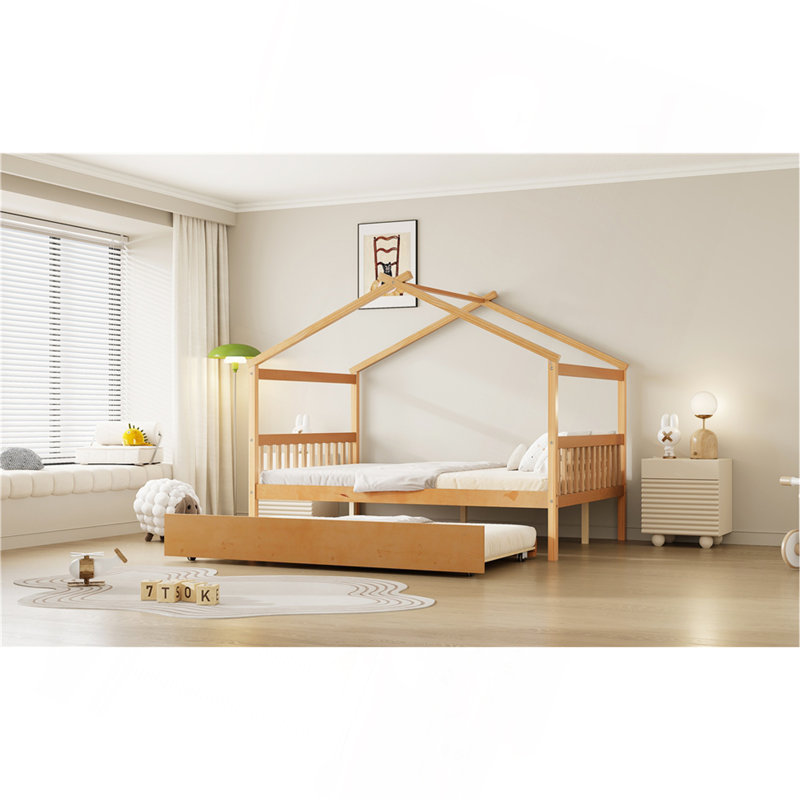Lit double en bois avec lit gigogne simple, Double, Naturel 1