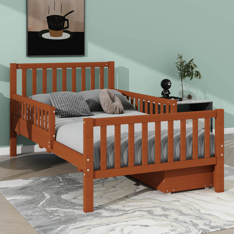 Lit plateforme simple en bois avec garde-corps double et deux sections de rangement, Lit simple