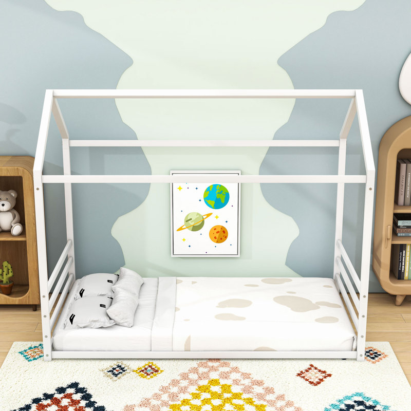 House-Shaped Floor Bed With Guardrails, Twin, White