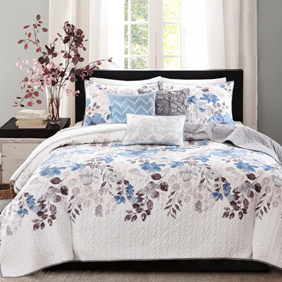 Courtepointe 6 pièces, motif floral bleu aquarelle, tissu en microfibre, revers doux brossé, coussins décoratifs double / grand avec coussins décoratifs, floral transitionnel, courtepointe Vermicelli, joyeux