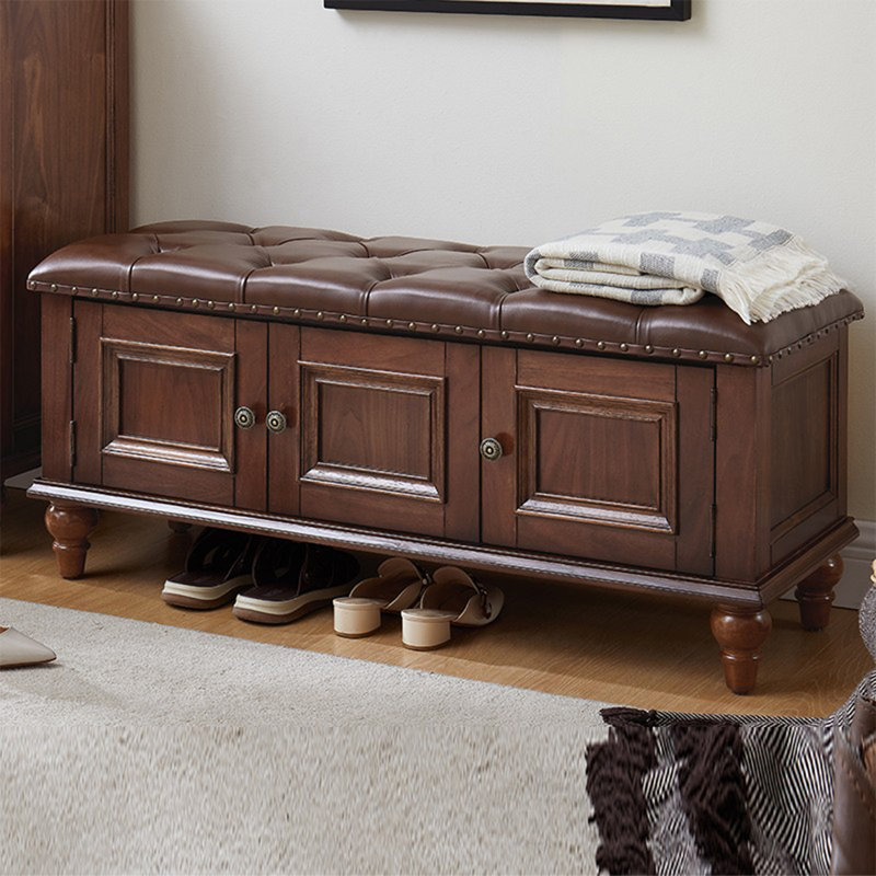 Dark Brown Upholstered Shoe Storage Bench, 18.9" H x 35.43" W x 14.96" D