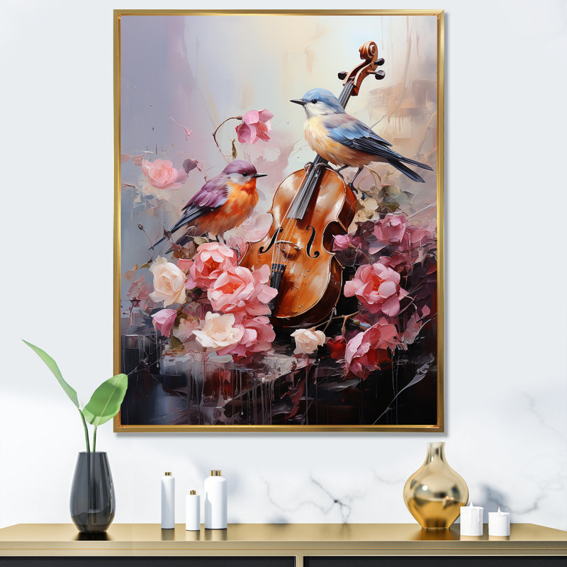 Violon et nuances harmoniques de la nature sur toile, Cadre flottant doré, 32" H x 24" W