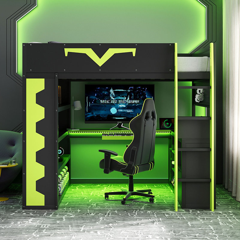 Full Size Gaming Loft Bed with Desk, RGB LED Lights, Power Outlet, Bookshelf, Pegboard, Keyboard Tray & Storage Drawer, Green