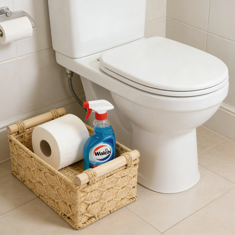 Panier à papier hygiénique tissé avec poignée en bois - Bac de rangement en corde de papier fait à la main pour la salle de bain, le salon, le bureau et l'organisation à la maison