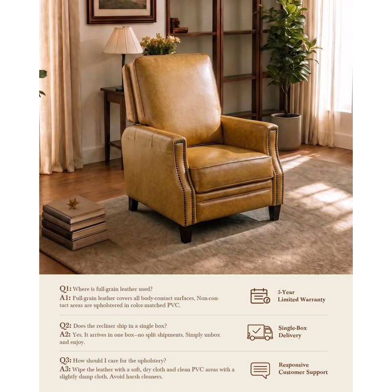 Fauteuil inclinable ergonomique en cuir véritable, dossier haut, pieds en bois massif, fini riveté, facile à nettoyer et à monter, coussin épais, idéal pour le salon ou le bureau, brun foncé.