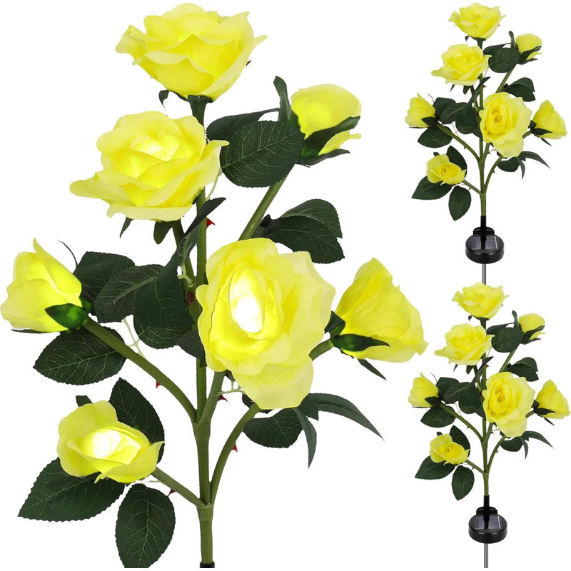 Paquet de 2 lumières solaires roses pour l'extérieur avec 14 fleurs roses, éclairage solaire pour la cour, Jaune