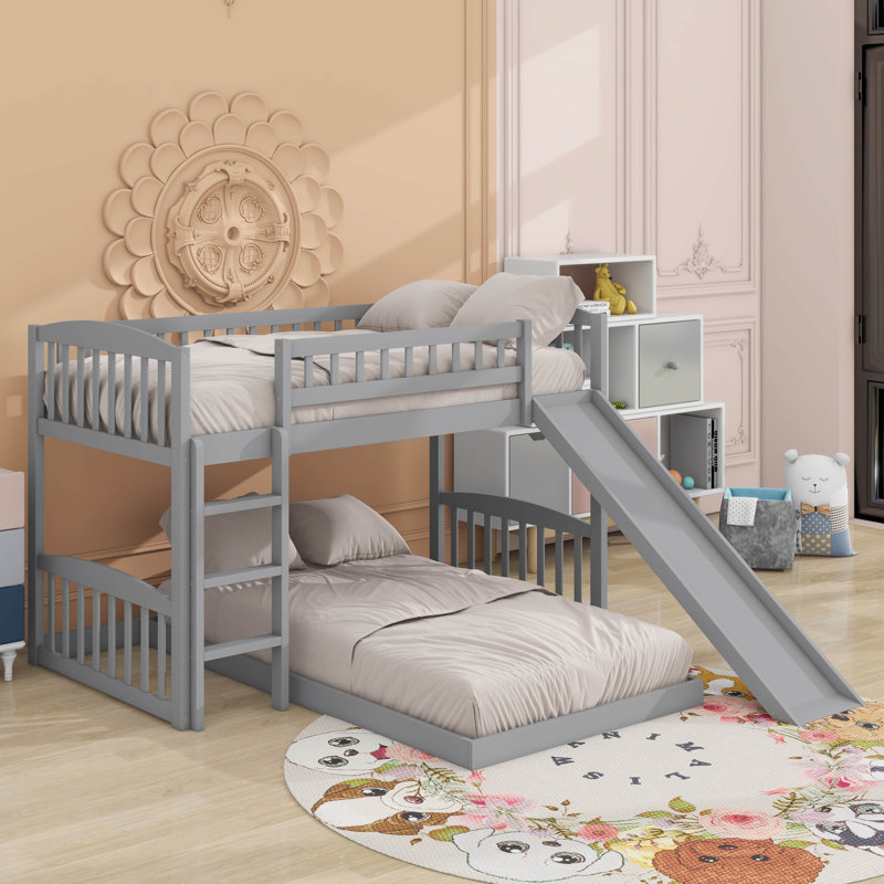 Lit mezzanine simple avec glissoire et échelle, gris