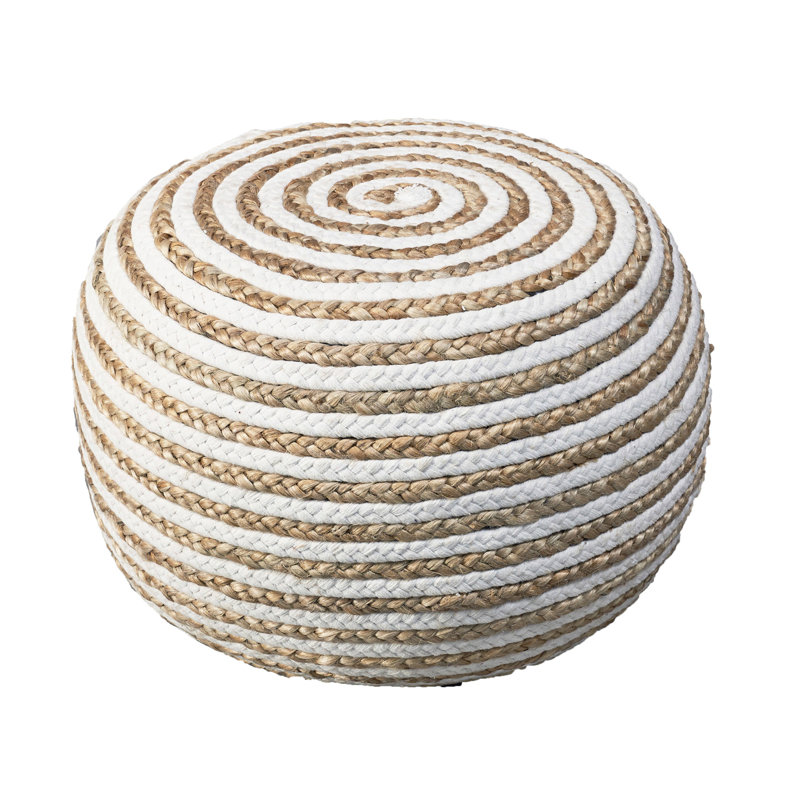 20" Cotton Blend Round Striped Pouf Ottoman, White