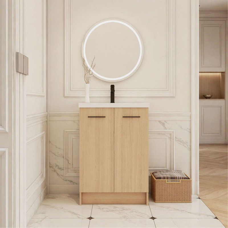 Meuble-lavabo autoportant de 24 po avec lavabo en résine, chêne clair, rangement à double porte, prêt-à-assembler, avec poignées en aluminium noir et brossé