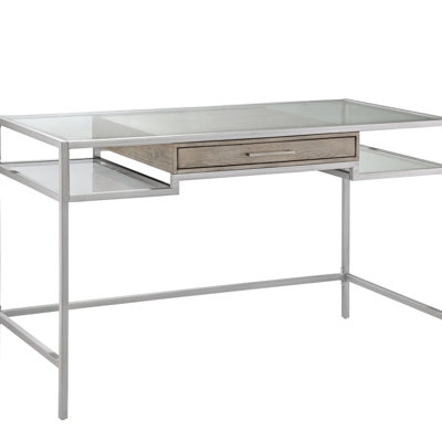 Sophisticated Writing Desk With Silver Metal Legs And Glass Work Surface Chic Detail Tempered Area, Finish Drawer For Home Office
