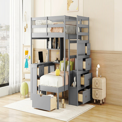 Lit superposé double au-dessus de simple avec bureau, tiroirs et tablettes