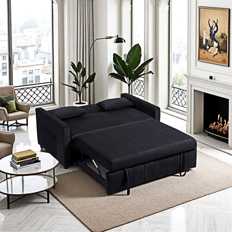 Canapé-lit avec poches de rangement et 2 coussins, Noir, noir, noir, noir