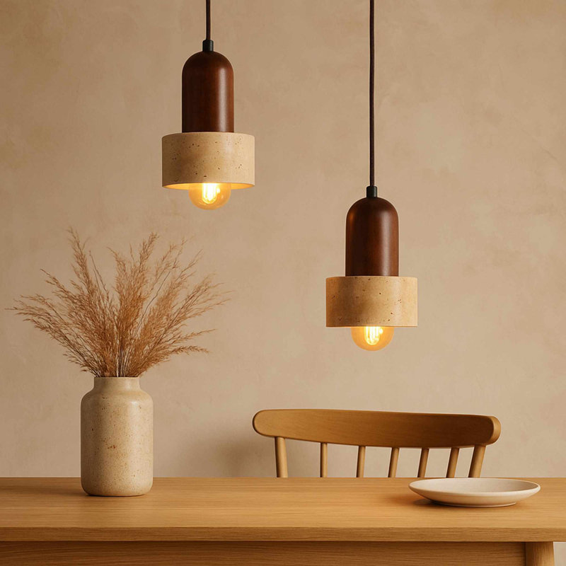 Lustre réglable élégant avec corps en bois et capuchon en travertin, 9,5 po x 7,5 po | Finition beige et noyer | 24 à 60,6 pouces de hauteur | 2 x douilles E27 de 40 W maximum | Éclairage moderne pour la salle à manger et les espaces de vie, design élégant et fonctionnel