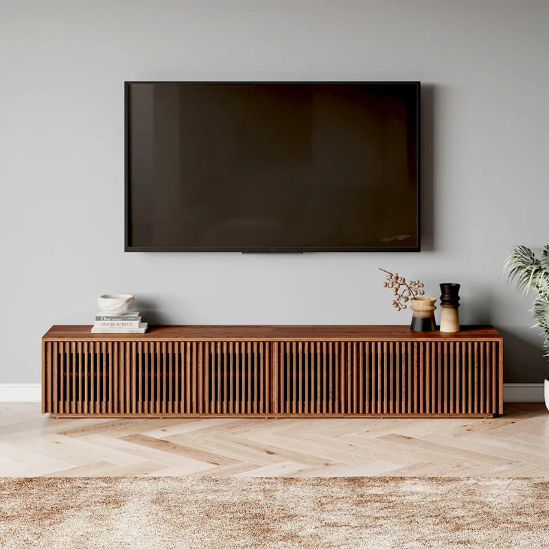 Meuble télé Mid-Century moderne, entièrement assemblé, H 16,54 po x L 94,5 po x l 15,75 po, Brun