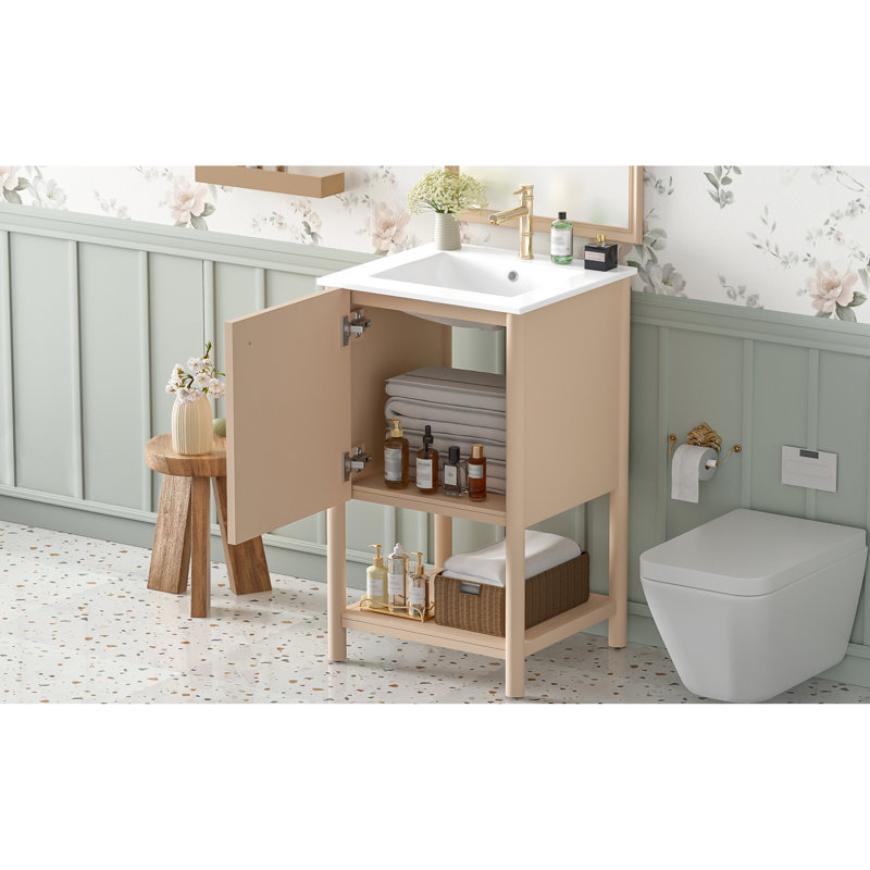 Meuble-lavabo compact blanc crème avec lavabo en céramique, style français