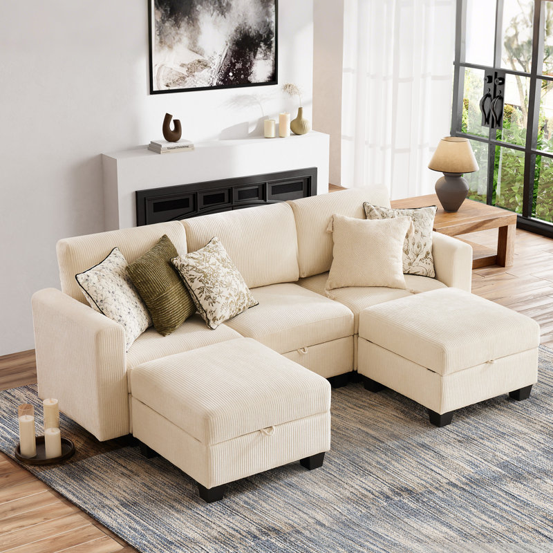 Canapé modulaire rembourré 5 pièces Ilyes, Chenille blanche
