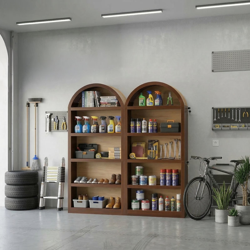 Set of 2 Freestanding Tall Storage Cabinets with 5-Tier Open Shelves, Walnut/Natural, Walnut