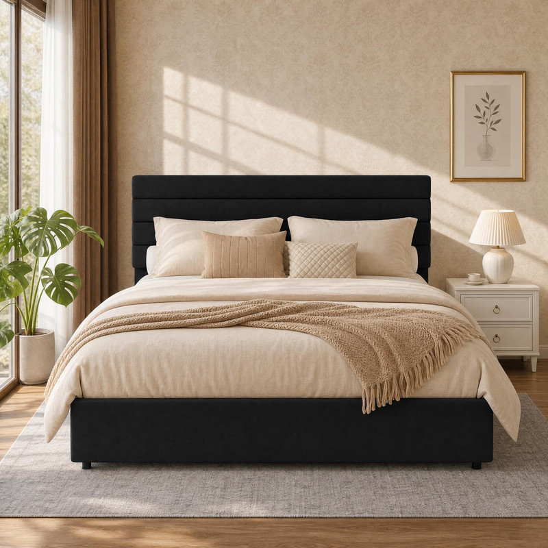 Grand lit plateforme en velours avec 4 tiroirs, sans sommier tapissier, Black