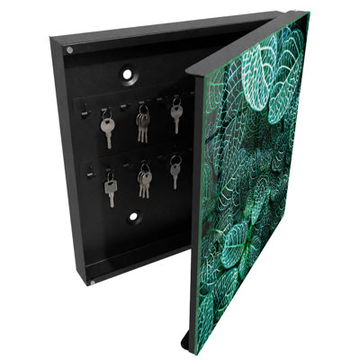 Key cabinet for home, Opens to the right, 30x30x5, Black, Green leaves in a harmonious composition, 