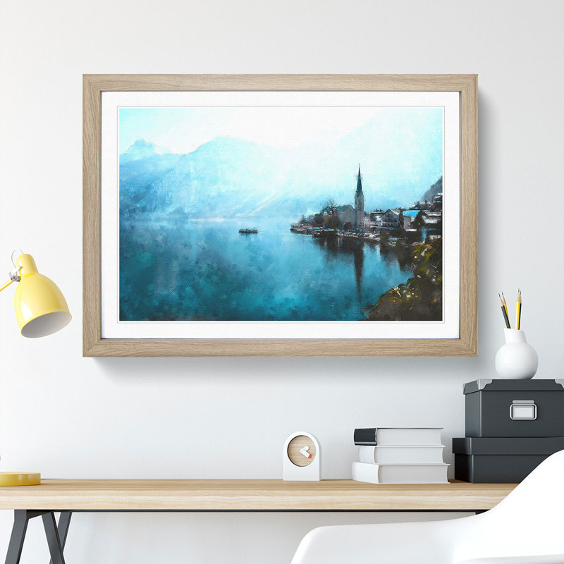 Boat In Hallstatt Austria Painting - Single Picture Frame Print on MDF, Oak, 33cm H x 45cm W x 2cm D