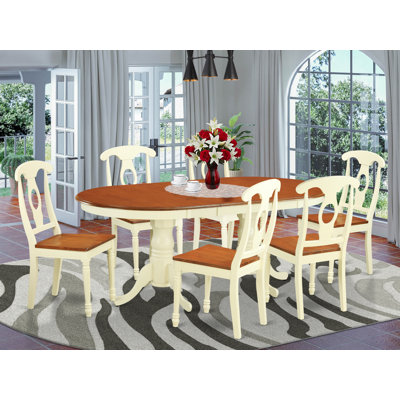 7 Piece Modern Dining Table Set consists of an Oval Wooden Table with Butterfly Leaf and 6 Dining Chairs, Buttermilk & Cherry