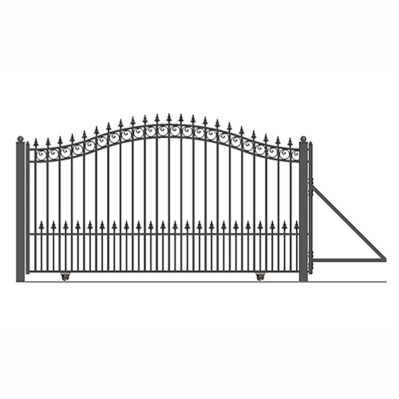 Prague Style Black Steel Sliding Driveway Gate with Pedestrian Gate