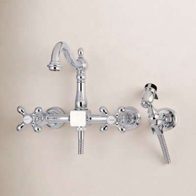 Kingston Brass Heritage Double-Handle 3-Hole Wall-Mount Bridge Kitchen Faucet with Brass Sprayer