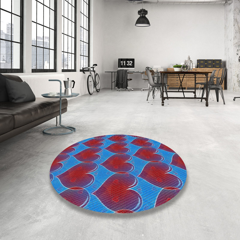 Tapis bleu/rouge à motifs, Rond 4 pi