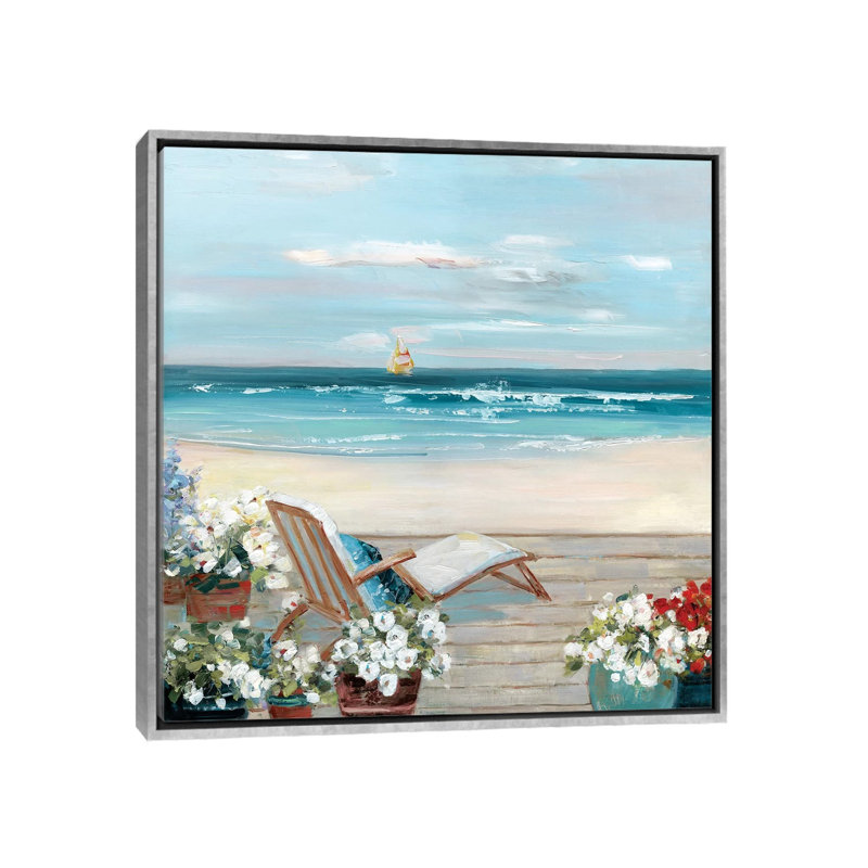 «Beach House View» par Sally Swatland - reproduction d'art, H 18 po x l 18 po x 1,5 po, Toile avec cadre argenté