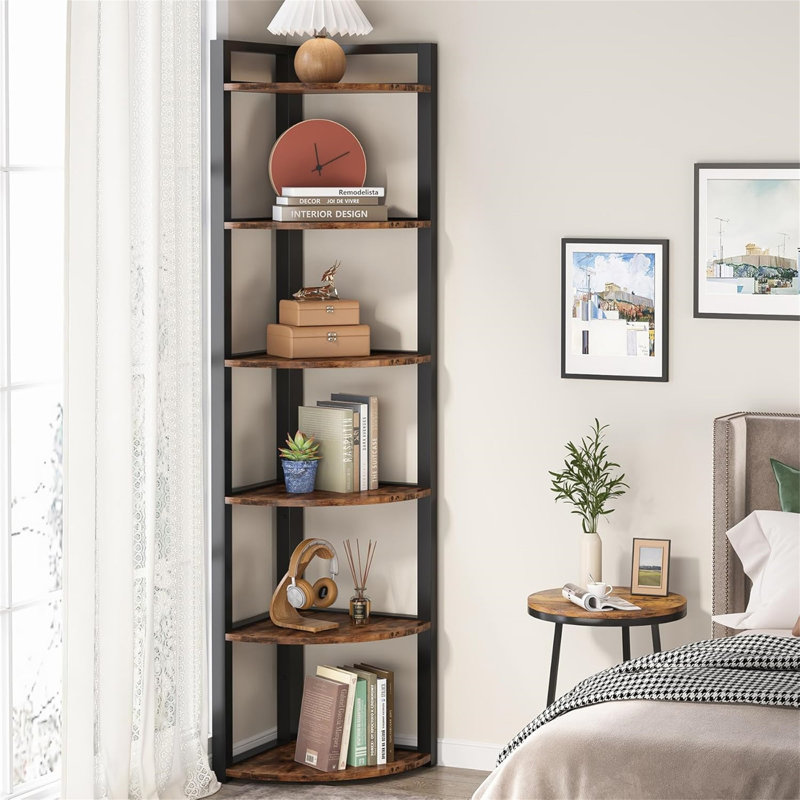 70.87" Tall 6-Tier  Rustic Brown Corner Bookshelf Storage Shelf For Living Room & Office, Rustic Brown