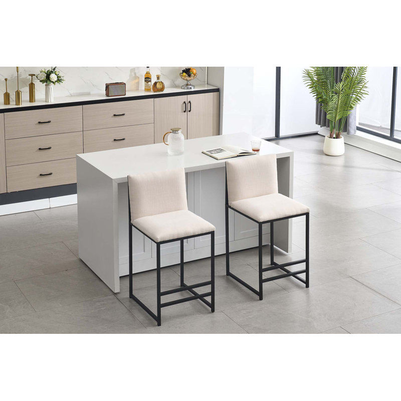Ensemble de 2 tabourets de bar à hauteur de comptoir, chaises de bar rembourrées en lin, repose-pieds et structure en métal pour la cuisine et la salle à manger