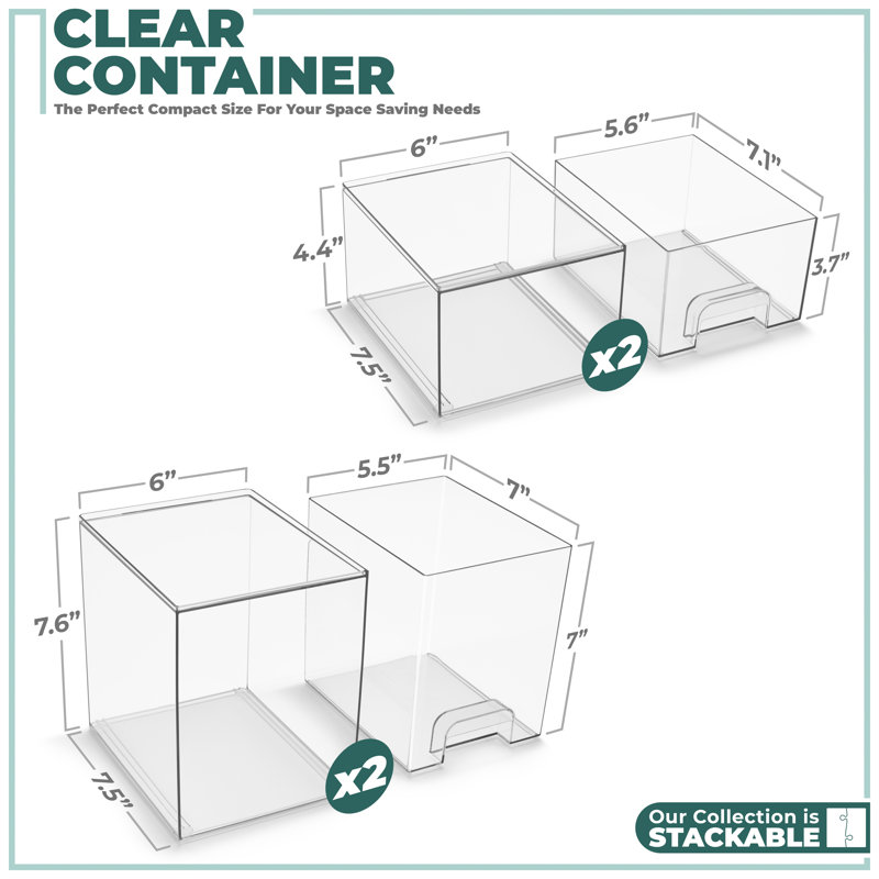 Sorbus Acrylic Storage Containers - 4 Pack, 4.4” and 7.6” Stackable Storage Bins Set for Bathroom Organization - Clear Acrylic Storage Drawer Organizers - Makeup Organizer Case with Pull-Out Drawers