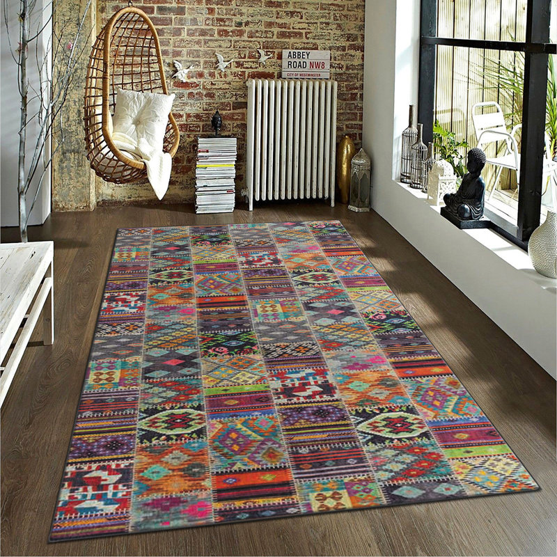 Tapis mauve / orange en coton tissé à la machine Ojeda, Rectangle 3 pi 11 po x 5 pi 11 po