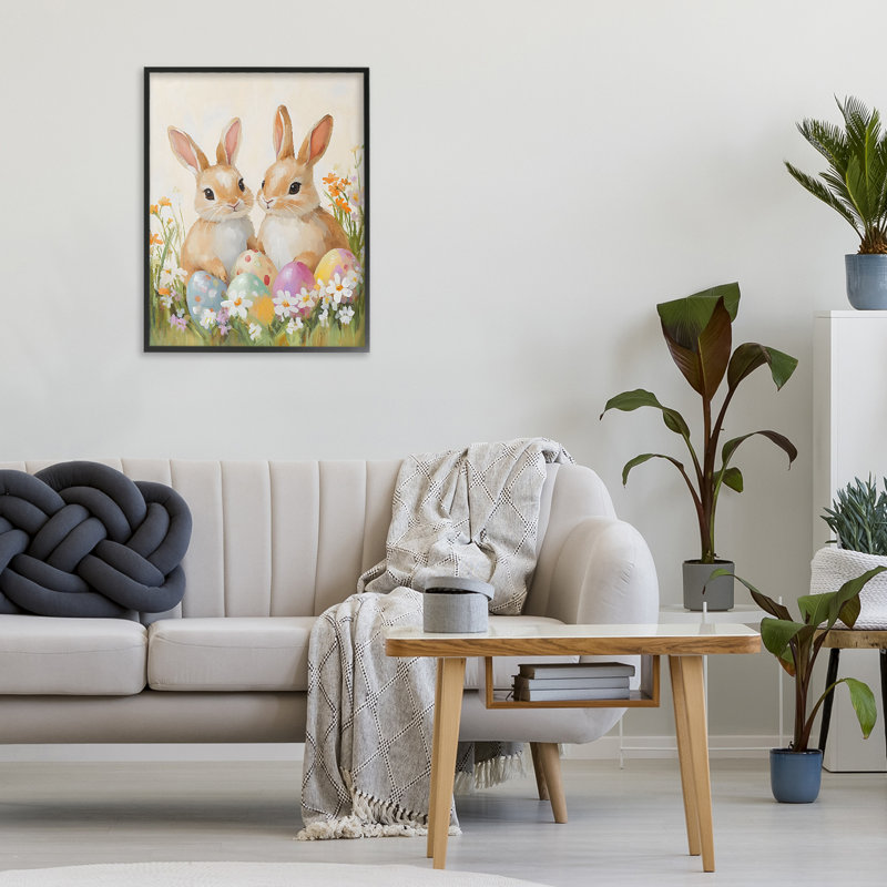 Lapins avec œufs de Pâques peints, estampe numérique, design par The Prints Vibe, 20 x 16, Midnight Black Giclee Framed