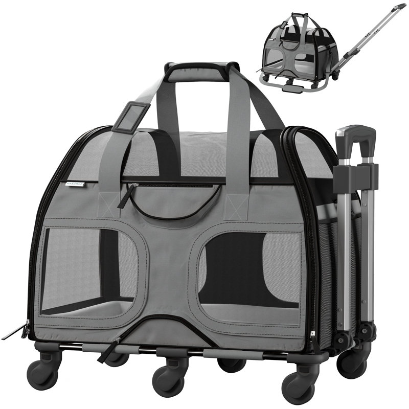 Luxury Rider Chrishawn Pet Carrier with Removable Wheels and Telescopic Handle, Gray and Black