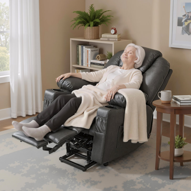 Caliah Small Power Lift Recliner Chair Sofa with Massage and Heat for Elderly, 3 Positions, 2 Side Pockets and Cup Holders, USB Ports, Faux Leather