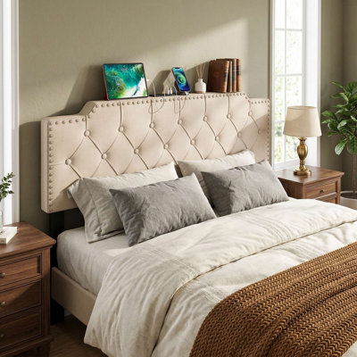 Queen/Full Size Universal Rivet Tufted Upholstered Headboard, Adjustable Mounting Height & Stain-Resistant Soft Fabric, Easy Installation