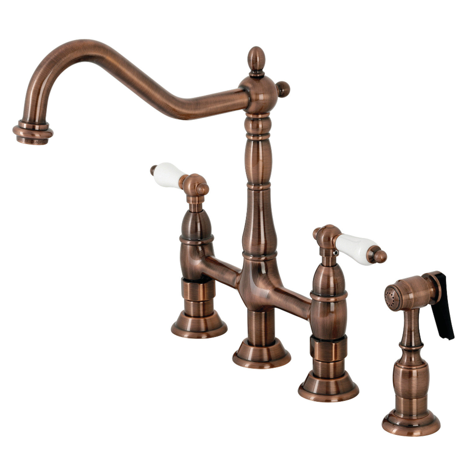 Kingston Brass Heritage Two-Handle 4-Hole Deck Mount Bridge Kitchen Faucet with Brass Side Sprayer, Antique Copper