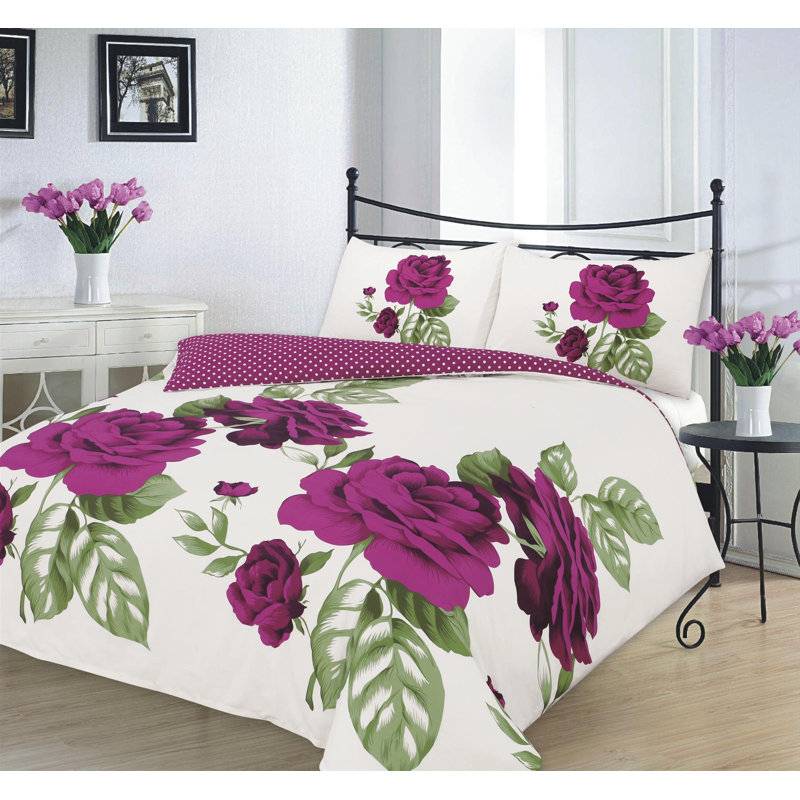 Arey Cotton Blend Floral Bedding with Pillowcases, Purple, King Duvet Cover + 1 Standard Pillowcase