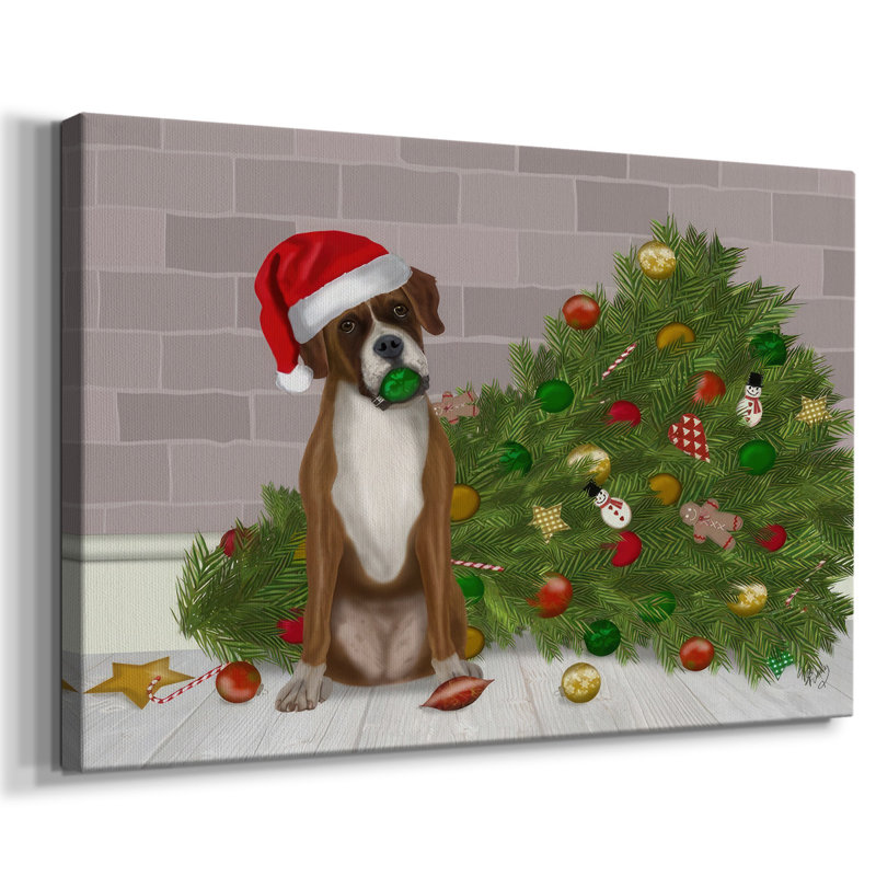 Boxer de Noël et arbre de Noël cassé, H 12 po x l 18 po x P 1,5 po