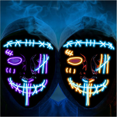 2PCS Led Mask Light Up Scary Mask,V-shaped Scar One Eye Purge Mask with 3 Lighting Modes for Cosplay Costume Party(IceBlue/Purple + IceBlue/Orange)