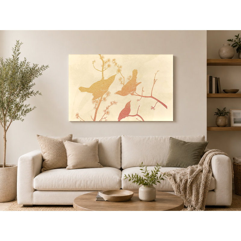 Three Birds on Flowering Branches - Art mural sur toile paysage, L 36 po x H 24 po